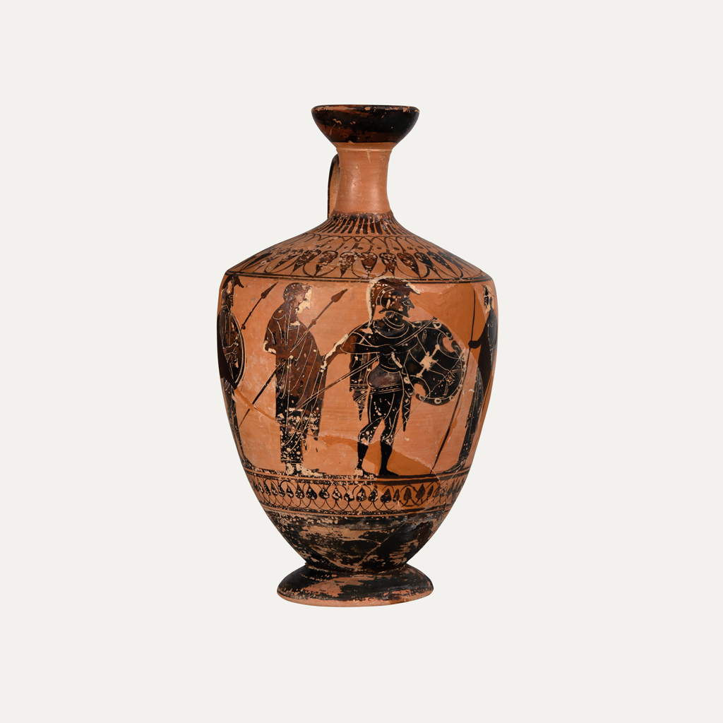 Black-figure lekythos. bidding farewell to a warrior preparing to leave for the battlefield are shown