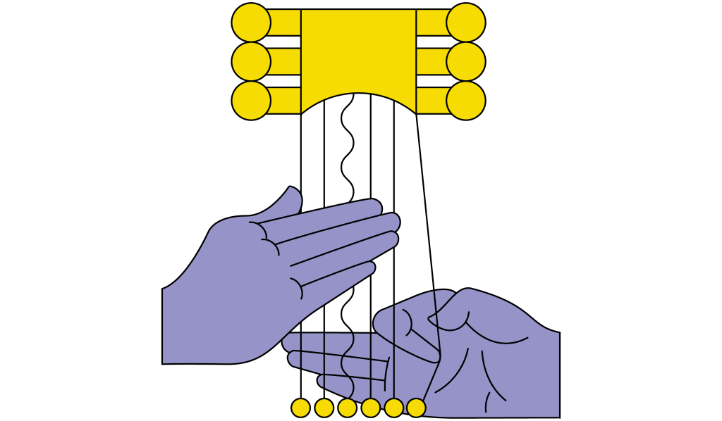 Child's hands playing a stringed instrument with yellow tuning pegs.